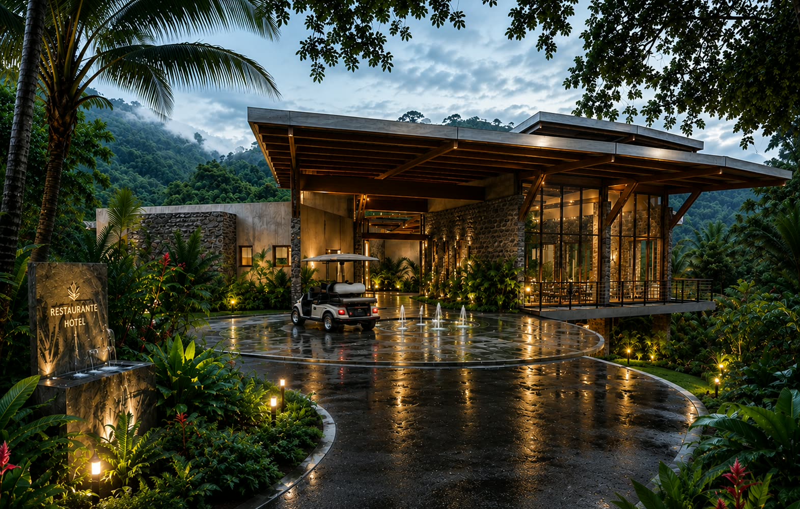 Restaurant exterior at dusk
